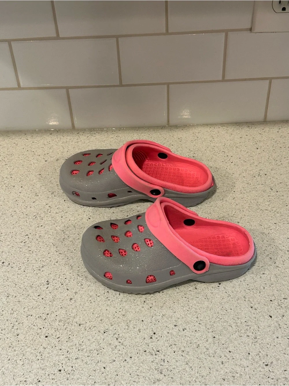 Kids Casual Crocs - Gray with Pink Accents, Size 12/13